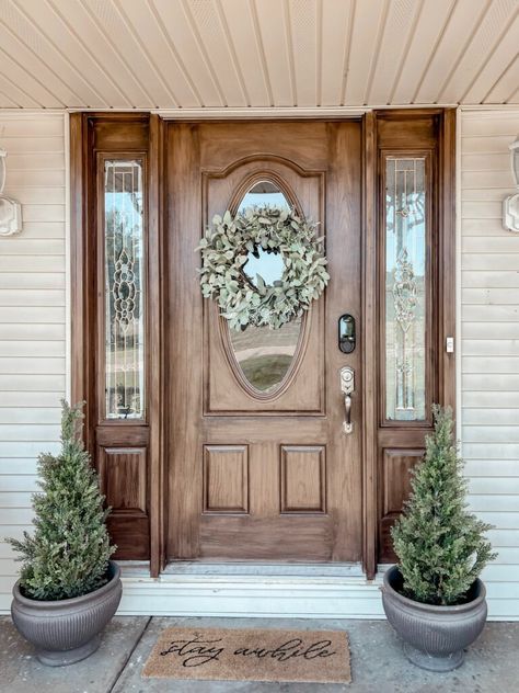 How to Paint Faux Wood Texture to Upgrade Your Front Door - Come Stay Awhile by Amanda Vernaci | Modern Farmhouse DIY + Home Renovation Painting Front Door Faux Wood, Painting Metal Front Door Diy, How To Paint A Door To Look Like Wood, Front Door Remodel, Paint Faux Wood, Painting Metal Doors, Stained Front Door, Faux Wood Paint, Diy Sideboard