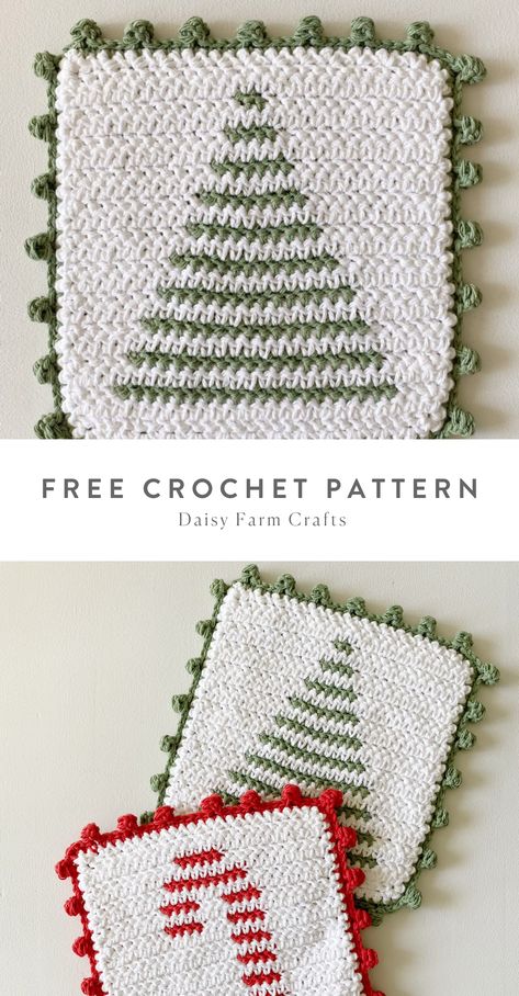 Free Pattern - Crochet Christmas Tree Stripe Hot Pad with Dot Border Diy Natal, Daisy Farm, Crochet Potholder Patterns, Crochet Christmas Tree, Crocheted Christmas, Crochet Hot Pads, Crochet Tree, Crochet Christmas Gifts, Crochet Xmas