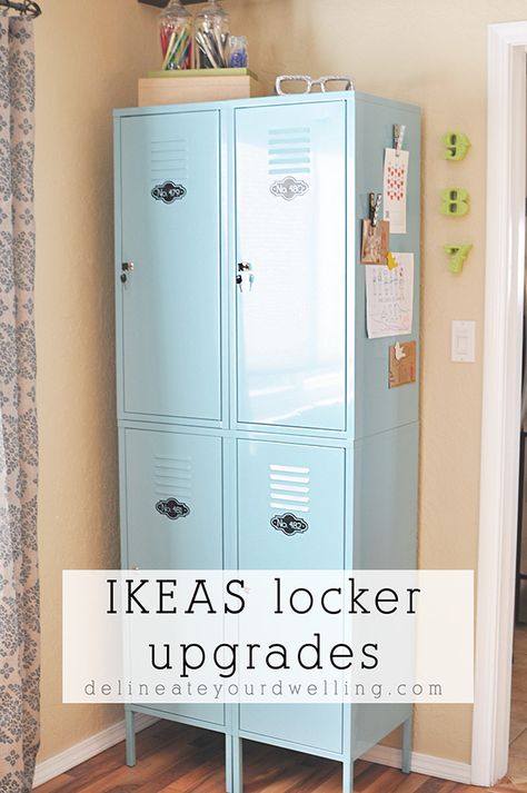 See how to best organize and update your metal IKEA lockers!  Tips for what to store in your lockers and what containers are best to use. Delineate Your Dwelling #IKEAlockerorganization #lockerorganization Using Lockers In Home, Salon Locker Ideas, Lockers In Classroom, Locker For Bedroom, Lockers In Bedroom, Ikea Locker Hack, Kids Lockers For Home, Closet Locker Ideas, Home Locker Ideas