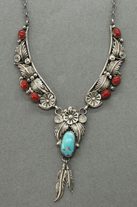 NAVAJO Sleeping Beauty Turquoise Coral Leaf Flower Sterling Three Links Necklace | Jewelry & Watches, Ethnic, Regional & Tribal, Southwestern | eBay! Turquoise Jewelry Necklace, Collar Hippie, Jewelry Necklace Simple, Silver Turquoise Jewelry, Turquoise Jewelry Native American, Leaf Flower, Sleeping Beauty Turquoise, Diy Schmuck, Coral Turquoise