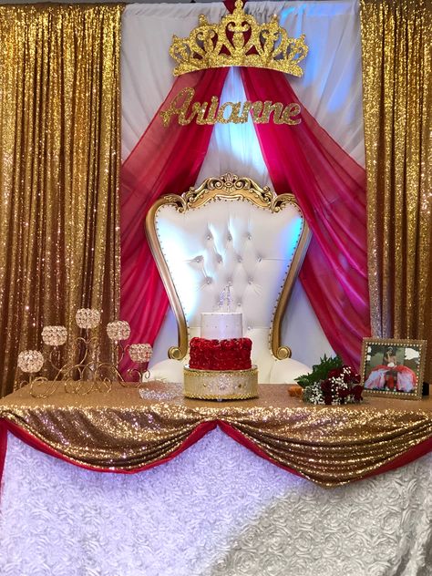 Gold Red Centerpiece, Sweet 15 Red Theme, Red Royalty Quinceanera Theme, 15 Red Decorations, Red And Gold Venue Quince, Quince Chair Decor, Beauty And The Beast Quinceanera Backdrop, Sweet 16 Decorations Red And Gold, Red And Gold Quince Backdrop