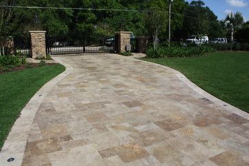 Travertine Pavers Driveway - French Pattern Country Classic Tumbled Travertine P rustic swimming pools and spas Travertine Driveway, Southwest Patio, Rustic Hot Tubs, Pavers Driveway, Travertine Patio, Short Bench, Cobblestone Pavers, Bluestone Pavers, Pool Pavers