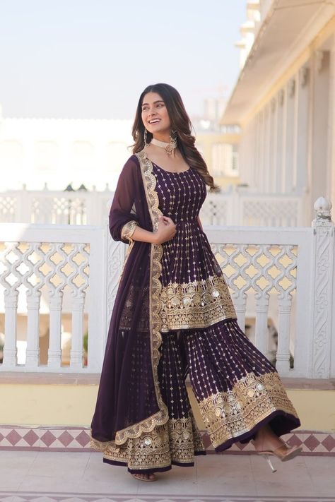 We Make Lehenga choli for every occasion from Mahendi to Sangeet to Wedding to Reception, we have wedding lehenga choli , Party Wear lahanga Choli designer lehenga choli ,floral lehenga choli ,bridal lehenga choli ,Bridesmaids Lehenga Choli, Bollywood lehenga choli ,georgette lehenga choli,pakistani lehenga choli, punjabi dress, Silk Lehenga choli ,net lehnga choli ,navratri lehenga choli, south Indian lehenga choli, latest salwar suit, palazzo-suits, Indian wedding dress, designer sarees, banarasi sarees, designer gowns. Designer Winr Gharara Suit For Women Wedding Party Wear Palazzo Suit Bridesmaids Ready To Wear Suit Indian Guest Wear Reception,Sangeet Wear Stitching Service is available On wish KURTI:- FABRICS & Work :- Faux Georgette With Sequins & thread Embroidered work  SLEEVES :- Designer Sharara, Georgette Suit, Gharara Suits, Purple Suit, Georgette Material, Party Wear Lehenga Choli, Reception Gown, Weddings Receptions, Bollywood Lehenga