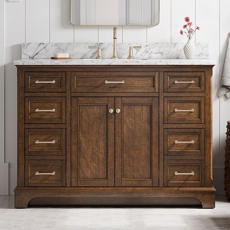 allen + roth Roveland 48-in Dark Walnut Undermount Single Sink Bathroom Vanity with Carrara Natural Marble Top 2026VA-48-372-900L at Lowes.com Dark Wood Vanity Bathroom, Retro Bathroom Vanity, Marble Countertops Bathroom, Brown Bathroom Vanity, Boys Bathroom Ideas, Bathroom Vanity Double Sink, Marble Bathroom Vanity, 48 Inch Bathroom Vanity, I Bought A House