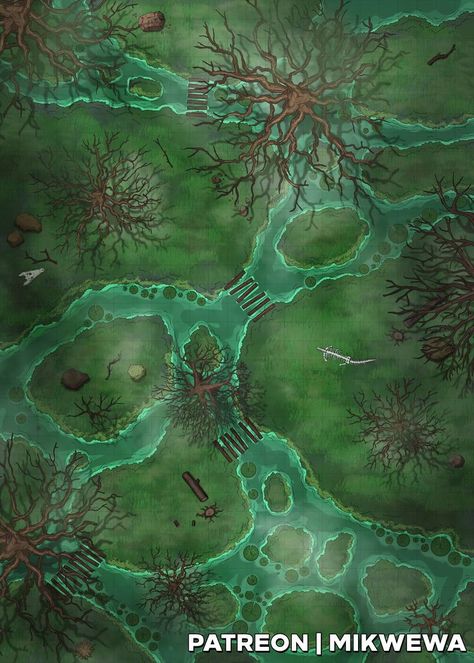 We're eager on our work on generic maps all of you need! This time, we made something we never (shockingly) did - the swamp. Our campaign took a turn to marshlands, so we'll be using it as well ^^ What dwells here? Don't be fooled by the slightly nicer weather than you expect from your everyday swamp! Evil lurks beneath the feet of brave adventurers, who must fight the greatest enemy of them all - the mosquito. #dnd #dndmaps #dndbattlemaps Swamp Map, Dnd Swamp, Fantasy Settings, Dnd Inspiration, Dnd World Map, Fantasy World Map, Virtual Tabletop, Map Maker, Tabletop Rpg Maps