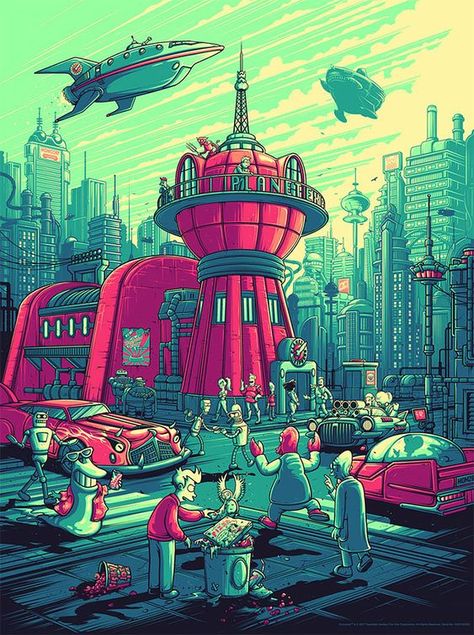 lfrqz / Twitter Dan Mumford, Matt Groening, Dark Ink, Adventure Time Art, Futuristic City, Futurama, Classic Movies, The Simpsons, Android Wallpaper