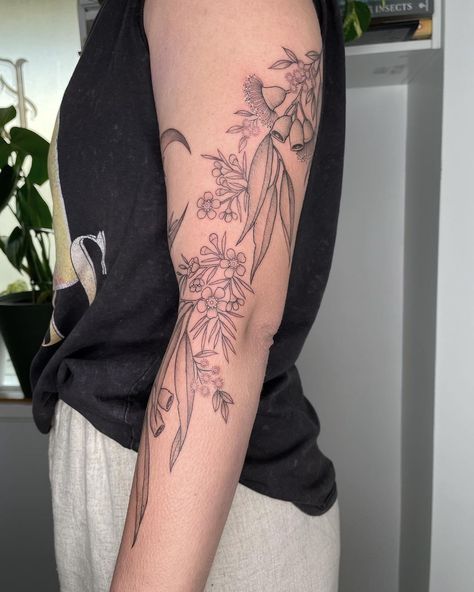 Australian Floral Tattoo Design, Australian Flora And Fauna Tattoo, Fine Line Australian Native Tattoo, Native Australian Flowers Drawing, Australian Bush Tattoo, Australian Native Floral Tattoo, Flowering Gum Tattoo, Australian Native Tattoo Sleeve, Native Australian Tattoo