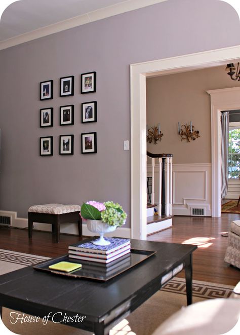 Living room gallery wall                                                                                                                                                                                 More Purple Walls Living Room, Purple And Gray Living Room, Purple And Grey Living Room, Purple And Gray Bedroom, Grey Interior Paint, Grey Paint Living Room, Purple Living Room, Gray Painted Walls, Living Room Wall Color