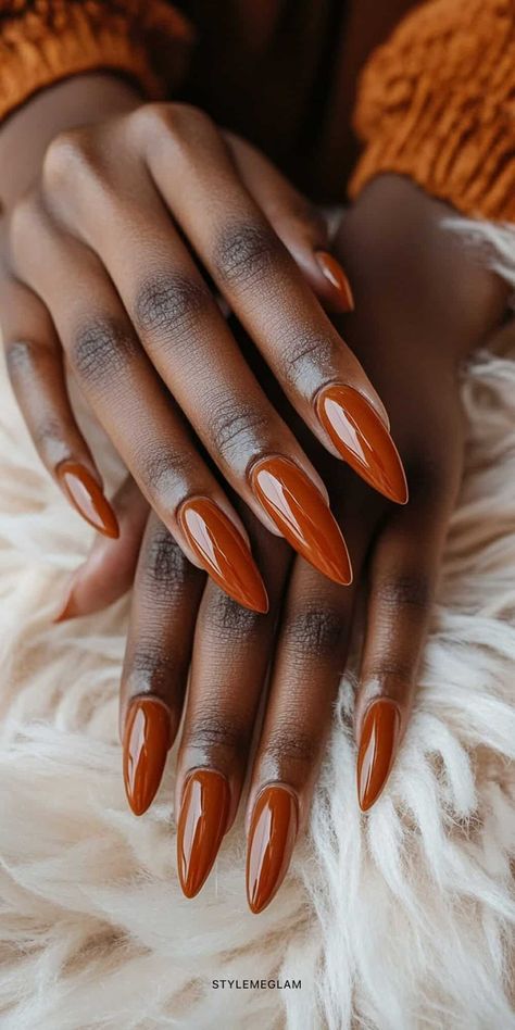 31 Popular Fall Nail Ideas that Scream Cozy Autumn Vibes Fall Almond Acrylic Nails Designs, Pumpkin Colored Nails, Autumnal Nail Art, Nails Design Ideas 2024, Rust Color Nails Designs, Fall Nails Pedicure, Fall Designs Nails, Nails September 2024, September 2024 Nails