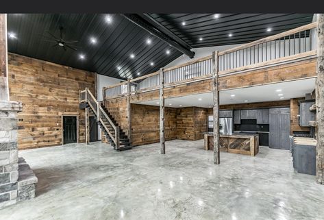 Mancave Loft Ideas, Loft In Garage Ideas, Barndominium Garage Interior, Loft In Shop Ideas, Shop Turned Into House, Metal Building Shop Interior Ideas, Shop House With Loft, Loft Above Kitchen Barndominium, Indoor Barndominium Ideas