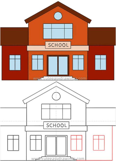 School Simple Drawing, Simple School Drawing, School Easy Drawing, School Drawing Building, My School Drawing, School Drawing Easy, School Drawing Ideas, Fire Truck Drawing, Simple House Drawing