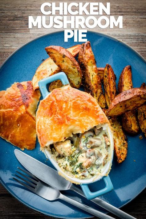 This easy Chicken and Mushroom Pie recipe is an all-time classic British pie, this one takes the pot pie approach using shop bought puff pastry for a quick and simple midweek dinner. #individualsavourypies #englishchickenpie via @krumplibrian Mushroom Pie Recipe, British Pie, Chicken And Mushroom Pie, English Recipes, Mushroom Pie, Cooked Chicken Recipes, Chicken And Mushroom, Hashbrown Recipes, Chicken Pie