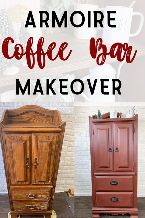 Coffee Bar Makeover, Armoire Coffee Bar, Bar Makeover, Coffee Display, Armoire Bar, Furniture Painting Tutorial, Coffee/wine Bar, Armoire Makeover, Coffee Diy