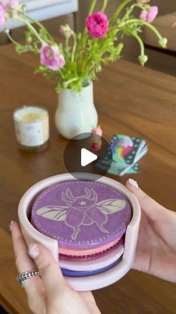 298K views · 25K likes | BUGPICNIC on Instagram: "coaster set for the lovely mica @sangredelcielo <3 i had so much fun with this and can’t wait to make more!!!  also peep the beautiful cup by @refiningcurves at the end 🤭 #ceramics #pottery #wheelthrown #handmade #coasters #stonewareclay #artist #smallbusiness" Pottery Coasters Ideas, Air Dry Coasters, Ceramic Coasters Handmade, Creative Ceramics Ideas, Diy Ceramic Coasters, Fun Pottery Ideas, Clay Coasters Diy, Coasters Pottery, Ceramics Coasters