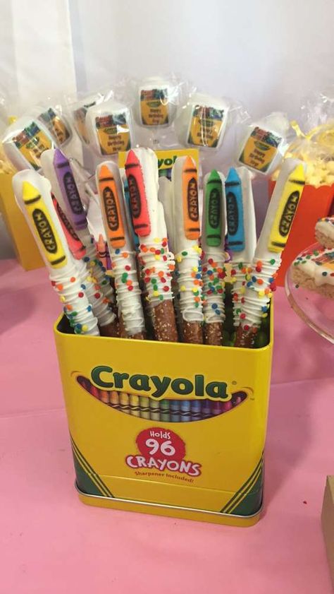 Crayons Birthday Party, Color Crayon Birthday Party, Crayola Party Favors, Crayola Birthday Party Ideas, Crayola Birthday Party Outfit, Coloring Theme Birthday Party, Crayola Birthday Party Cake, Crayola Graduation Theme, Crayola Party Ideas