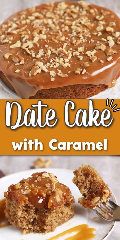 A round cake with caramel sauce and nuts with Pinterest overlay. Moist Date Cake Recipe, Simple Caramel Sauce, Date Cake Recipe, Homemade Cake Recipe, Blender Cake, Date Recipes Desserts, Cake With Caramel Sauce, Date And Walnut Cake, Date Nut Bread