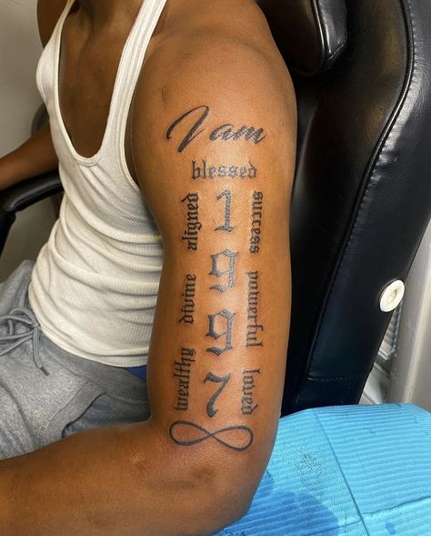 I Am Tattoo Ideas, Half Sleeve Tattoos For Women Upper Arm Bible Verse, Legendary Tattoo Word, Purpose Tattoo Ideas, Tattoo Ideas For Men First Time, Rare Forearm Tattoos Men, Bicep Tattoo Men Sleeve, Simple Male Tattoo Ideas, Let Tattoo For Men