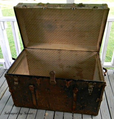 I was given this vintage, rusted metal trunk (for free) from one of my co-workers late last summer. He had it sitting around and, knowing him, the challenge this would have presented probably amused him. But I was up for it. Or so I thought. It was musty and smelly… dirty... and pretty rusty. I had some citric acid leftover from my soap-and-sundry making days, so I used that and water to make a paste (no measurements). I scrubbed at the rust with the paste, some steel wool and… Vintage Trunk Makeover, Vintage Trunks Makeover, Trunk Redo, Antique Trunk Restoration, Trunk Makeover, Metal Trunk, Upcycle Storage, End Table Makeover, Chalk Paint Makeover