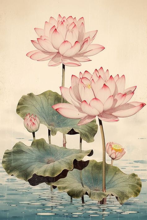 Japanese Floral Painting, Lotus Vintage Illustration, Japanese Plant Art, Lotus Flower Botanical Illustration, Japanese Flowers Art, Lotus Pond Tattoo, Japanese Flower Illustration, Lotus Illustration Design, Lotus Drawing Art