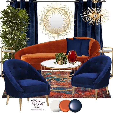 Blue Sofa Orange, Navy Blue And Orange Living Room Decorating Ideas, Blue And Orange Aesthetic Room Decor, Mustard Rust Blue Living Room, Orange And Blue Rug Living Room, Orange Color Palettes Living Room, Orange Sitting Room Ideas, Navy Blue Orange Living Room, Living Room With Orange Sofa