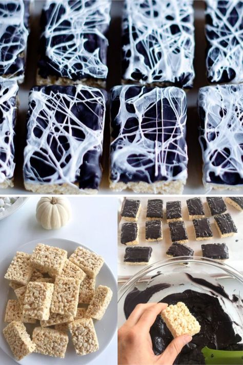 Diy Halloween Rice Crispy Treats, Spider Web Rice Crispy Treats, Tombstone Rice Krispie Treats, Halloween Rice Krispy Treats Ideas, Spiderweb Rice Krispie Treats, Halloween Spider Food Ideas, Halloween Crispy Treats, Halloween Rice Crispy Treats Ideas, Halloween Rice Krispie Treats Ideas Easy