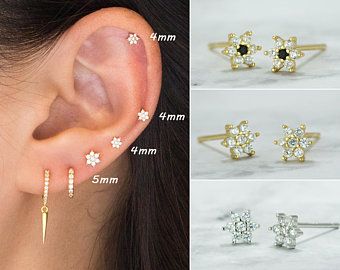 Tiny & Dainty Flower Shaped 4 CZ Stud Earrings | Etsy Earring Ideas For 4 Holes, Second Hole Piercing Ideas, Stacking Earrings, Ear Piercing Studs, Second Hole Earrings, Earrings Stacking, Cool Ear Piercings, Tiny Hoop Earrings, Stacked Earrings