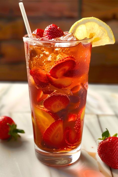 Strawberry Iced Tea Recipe - Delicious & Refreshing! Iced Fruit Tea, Drinks Aesthetic Non Alcoholic, Ice Tea Aesthetic, Aesthetic Drink Recipes, Asthetic Drink, Strawberry Ice Tea, Iced Tea Aesthetic, Strawberry Sweet Tea, Drink Nonalcoholic