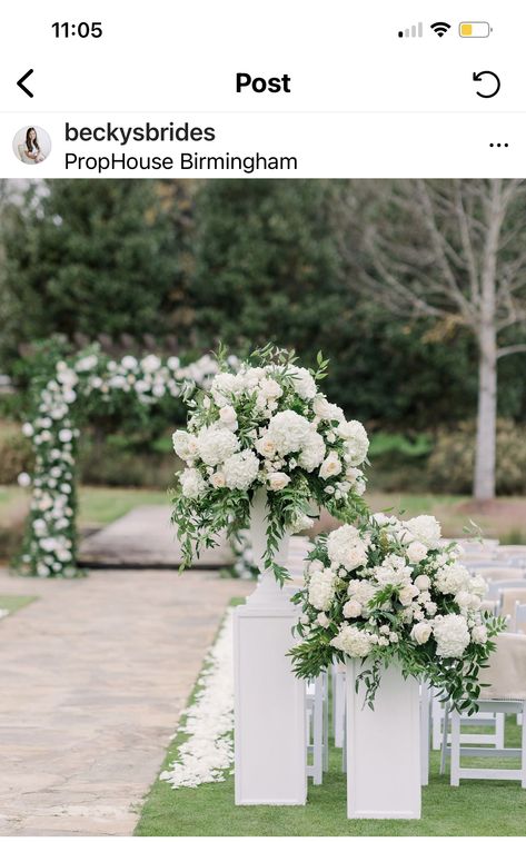 Cocktail Flowers Wedding, White Floral Wedding Ceremony, Wedding Aisle Flowers On Chairs, Ceremony Entrance Flowers, Wedding Flower Stands Ceremony, Wedding Ceremony Floral Pillars, Wedding Floral Arrangements Ceremony, Wedding Arch Outdoor Ceremony, Wedding Ceremony Flowers Altar