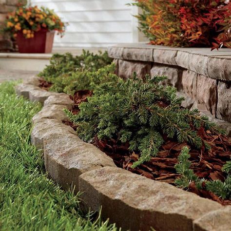 Concrete Patio Stone Lawn Edging.                              … Brick Landscape, Landscape Edging Stone, Metal Landscape Edging, Stone Flower Beds, Stone Edging, Flower Bed Edging, Landscape Borders, Concrete Patios, Stone Landscaping