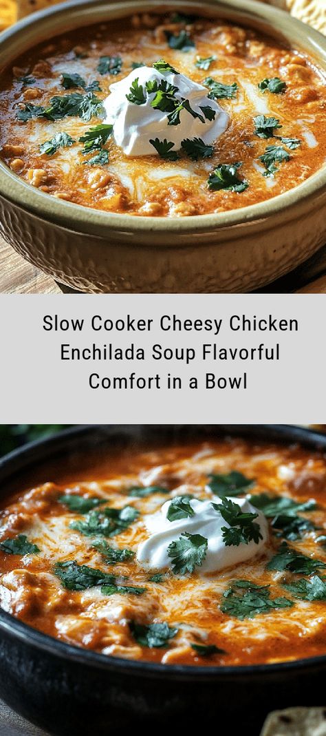 Warm up with a bowl of Slow Cooker Cheesy Chicken Enchilada Soup, a delicious blend of tender chicken, creamy cheese, and zesty flavors that brings comfort to any dinner table. This recipe is perfect for busy weeknights, taking just 15 minutes of prep time before your slow cooker works its magic. It's packed with protein and fiber, making it a satisfying meal that's easy to customize for any dietary preference. Add your favorite toppings like cilantro, sour cream, and tortilla chips fo Chicken Enchiladas Soup Easy, Chilis Enchilada Soup Crockpot, Creamy Chicken Enchilada Soup Crock Pot, Warm Crockpot Meals, Cheesy Enchilada Soup, Chicken Enchilada Crockpot Recipes, Pork Enchilada Soup, Crockpot Enchilada Soup, Creamy Enchilada Soup