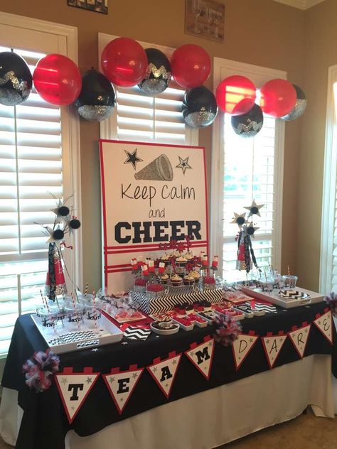 TEAM DARE Cheerleading Kickoff Party | CatchMyParty.com Cheer Sleepover Ideas, Cheerleading Themed Birthday Party, Cheerleader Party Ideas, Cheer Party Ideas, Cheerleading Party Decorations, Cheerleading Banquet, Cheerleader Birthday Party, Cheerleading Birthday, Cheer Decorations