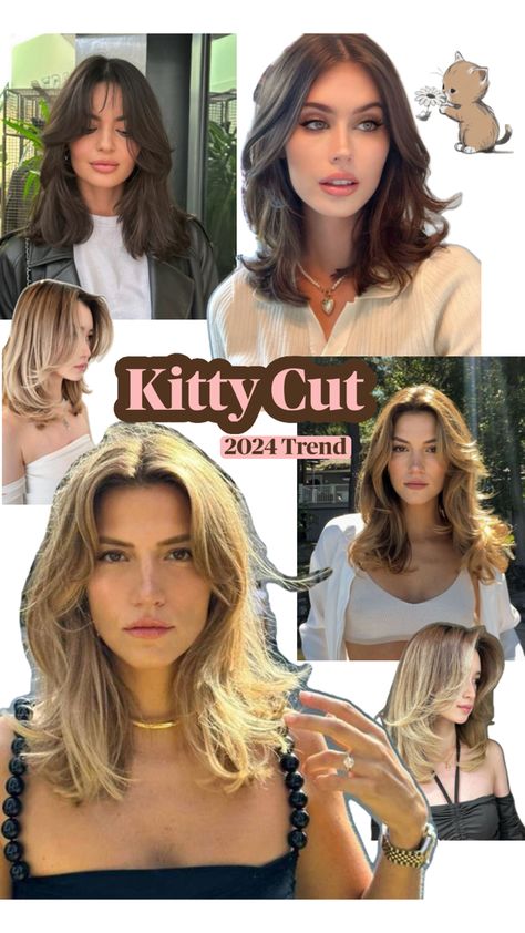 Hair cut haircut cute hair 2024 hair trends Hair Cuts Ideas For Summer, Hair Cuts Trends 2024, Collarbone Layered Hair, Kitty Cut Hair Trend 2024, The Kitty Cut Hairstyle, Kitty Cut Haircut, Long Face Haircuts Medium, Long Layered Haircut With Curtain Bangs, The Kitty Cut