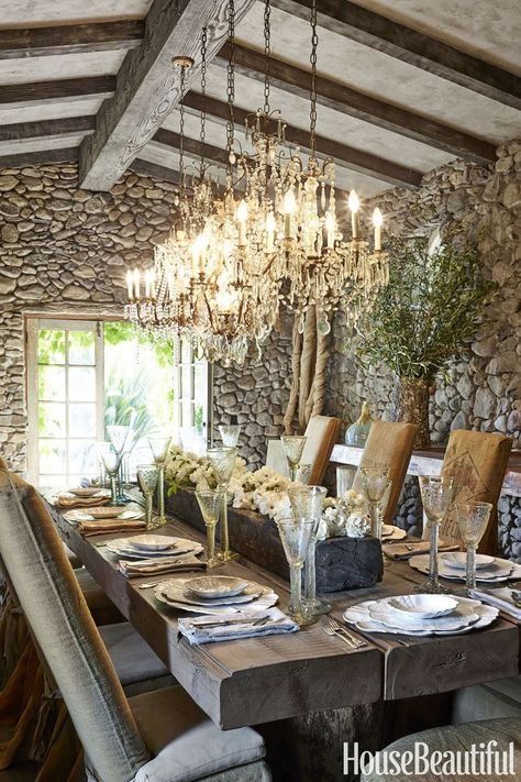 french country French Bistro Chairs, Stone Walls Interior, Farmhouse Dining Rooms Decor, Farmhouse Dining Room Table, Dining Room Table Decor, Rustic Dining Room, Beautiful Dining Rooms, The Dining Room, Farmhouse Dining Room