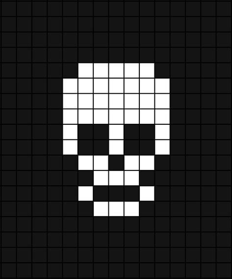 A small pixel art template of a clean white skull with its jaw attached. Easy Halloween Pixel Art, Halloween Crochet Ideas Easy, Halloween Pixel Art Small, Skull Pixel Art Grid, Halloween Pixel Art Grid, Clown Pixel Art, Small Pixel Art Grid, Emo Pixel Art, Skeleton Pixel Art