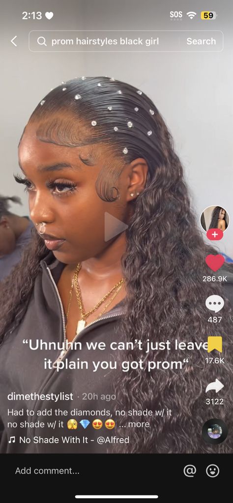 Hair Gems Black Women, Slick Back With Rhinestones, Prom Dress Accessories Ideas, Diamonds In Hair Black Women, Prom Frontal Hairstyles, Senior Year Hairstyles, Prom Hairstyle Black Women, Rhinestone Hair Black Women, Prom Dress With Veil