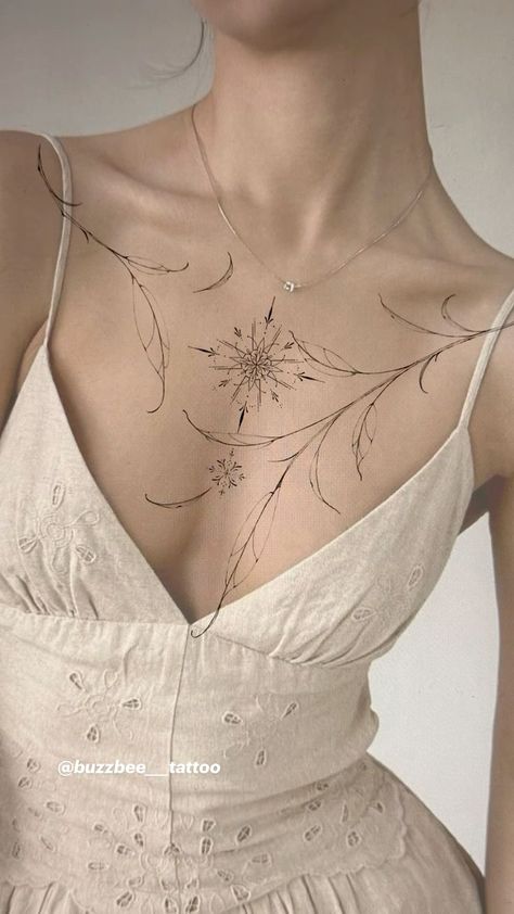 Chest Tattoo Female Dainty, Fine Line Chest Tattoo Female, Dainty Chest Tattoo, Floral Chest Tattoo, Brust Tattoo Frau, Symmetrical Tattoo, Torso Tattoos, Gangsta Tattoos, Hand And Finger Tattoos