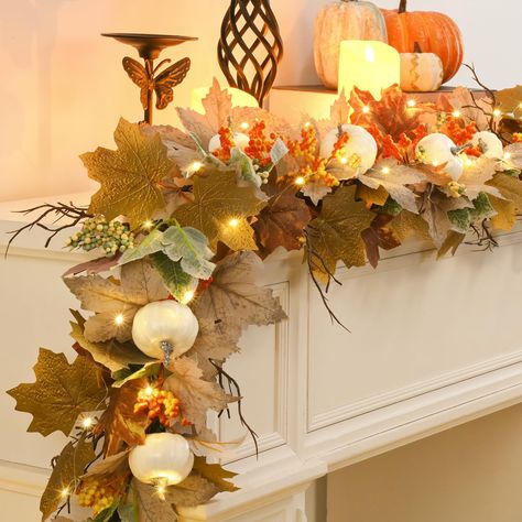 PRICES MAY VARY. 【LIGHT UP YOUR SPACE】 Illuminate your autumn evenings with our enchanting light string in our fall garland. This magical combo casts a cozy glow over any space, making it the perfect accent for those crisp, fall nights. Whether draped over your mantle or wrapped around your front door, add a touch of warmth and whimsy to your fall festivities! 【RICH NATURAL ELEMENTS】Explore the secret world of maple leaves in earth tones, encounter the warm romance of red maple leaves, embrace t Mustard Yellow Fall Decor, November Office Decorations, No Pumpkin Fall Decor, Fall Garland Mantle, Mantle Arrangements, Autumn Mantel Decor, Fall Mantle Garland, Fall Room Inspiration, Fall Fireplace Decor Mantles