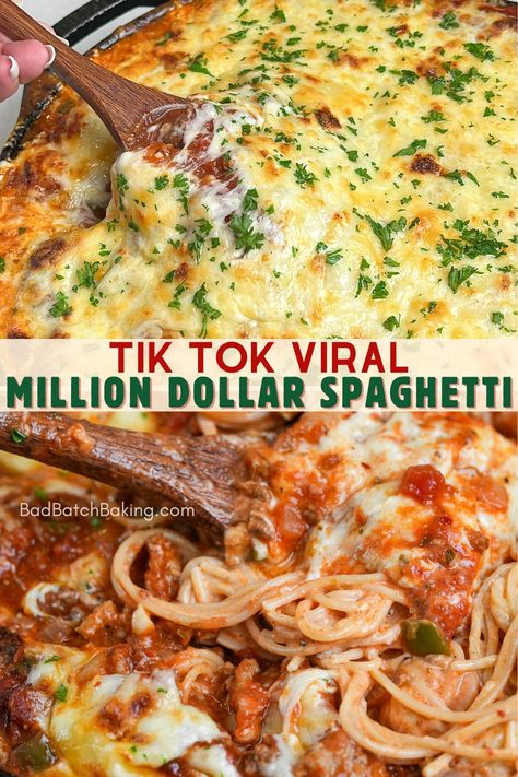 Tik Tok Million Dollar Spaghetti – Bad Batch Baking - Restaurant... Moms Spaghetti Bake, Baked Spaghetti Recipe Tik Tok, Tim Tok Spaghetti, Tic Tok Spaghetti Alfredo Easy, Yummy Spaghetti Recipes, Tik Tok Dinner Ideas, Million Dollar Spaghetti Recipe Easy, Til Tok Spaghetti, Tik Tok Million Dollar Spaghetti