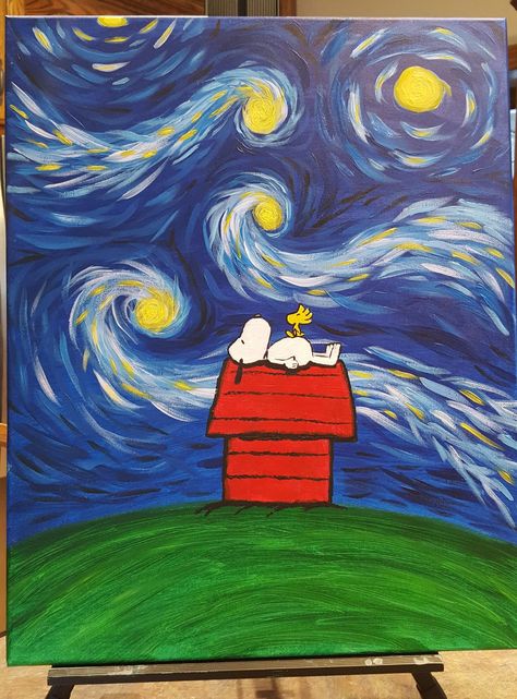 Starry Night Pop Art, Painting Ideas Van Gogh Style, Snoopy Starry Night, Starry Night Parking Spot, Starry Night Inspired Art Paintings, Acrylic Painting Van Gogh Style, The Office Paintings Tv Show, Easy Snoopy Paintings, Easy Van Gogh Painting