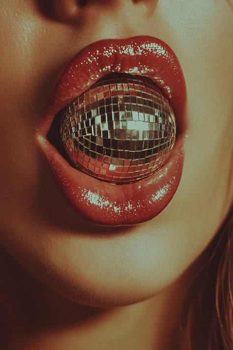 ✨🎤 Dive into the vibrant world of retro vibes with this stunning album cover! 🎶💃 The close-up of a singer's mouth, featuring a tiny disco ball resting on her tongue, perfectly captures that playful, fearless spirit of vintage music. 🌟🎉 Embrace the nostalgia and let the music take you on a journey! 💖✨ #VintageStyle #MusicMagic #DiscoVibes #RetroAlbumCover... Disco Ball Artwork, Vintage Disco Poster, Vintage Disco Ball Aesthetic, Disco Ball Photography, Retro Music Aesthetic, Retro Disco Aesthetic, Tiny Disco Ball, Disco Ball Background, Disco Photoshoot