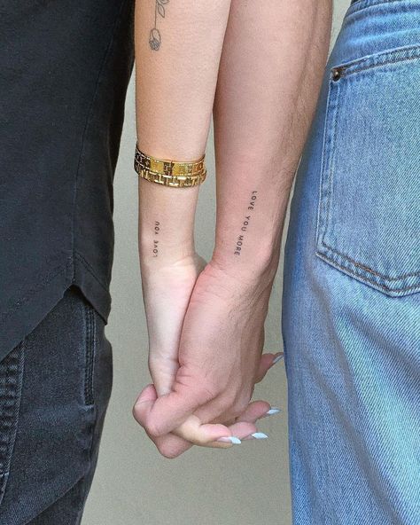 Love You More Tattoo, Couple Wrist Tattoos, Infinity Couple Tattoos, Love Yourself Tattoo, Couple Matching Tattoo, Cool Wrist Tattoos, Herz Tattoo, Couples Tattoo Designs, Wrist Tattoos For Guys