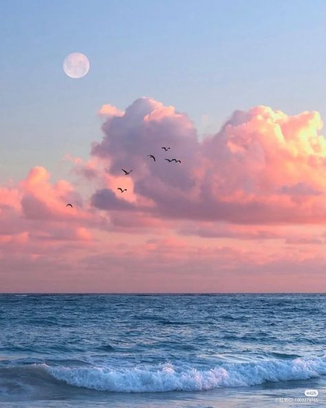 Seascape Photography Beach, Moon Over Ocean, Cloud Painting Acrylic, Drawing Sunset, Beach Sunset Painting, Pink Skies, Sky Art Painting, Seascape Photography, Ocean Landscape