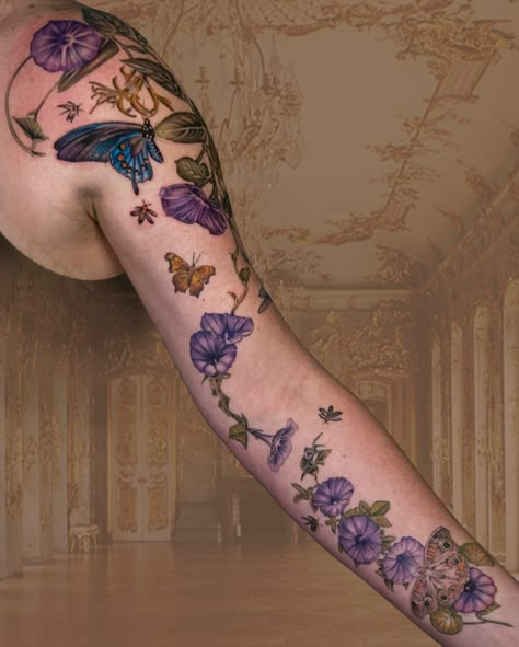 66 Amazing Floral Sleeve Tattoos For 2024! 38 Outsons Tattoo Landscape, Botanical Tattoo Sleeve, Honeysuckle Tattoo, Realistic Flower Tattoo, Beautiful Flower Tattoos, Tattoos For Women Half Sleeve, Vine Tattoos, Floral Tattoo Sleeve, Morning Glories