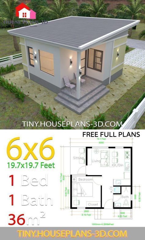 Pelan Rumah Kecil, Gable Roof House, One Bedroom House Plans, 1 Bedroom House Plans, Shed House Plans, One Bedroom House, Flat Roof House, Pelan Rumah, 1 Bedroom House