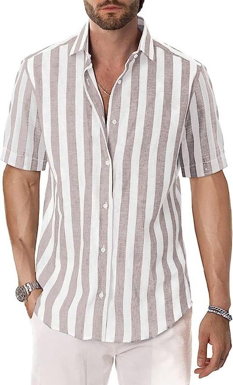 DELCARINO Mens Casual Short-Sleeved Shirt Vertical Stripe Stylish Cotton Linen Shirt Vertical Stripes Shirt Men, Mens Linen Shirts Casual, Short Sleeve Shirt Outfit, Short Kurta For Men, Gents Shirts, Mens Half Sleeve, Striped Shirt Men, Smart Casual Shirts, Mens Smart Casual Outfits