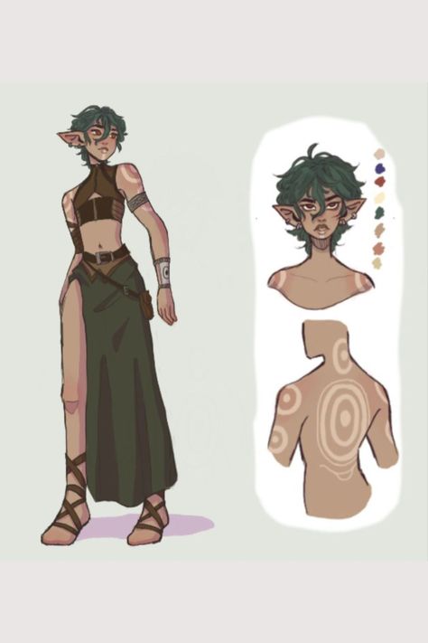 Forest Clothing Concept Art, Elf Oc Outfit, Poses Fantasy Drawing, Fairies Drawing Reference, Vintage Clothing Drawing, Elfs Outfits, Nature Clothes Drawing, Jungle Outfit Drawing, Character Art Nonbinary