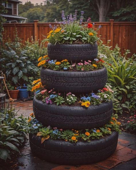 Old Tire Garden Ideas, Old Truck Garden Ideas, Old Tire Ideas, Recycled Tires Ideas, Tire Planters Ideas, Garden Ideas Using Old Tires, Tire Ideas, Tire Projects, Standing Garden