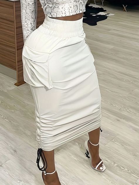 White Casual Collar  Woven Fabric Plain Pencil,Straight Embellished Non-Stretch  Women Clothing Beach Street, Solid Skirt, Style Comfortable, High Waisted Pencil Skirt, Cargo Skirt, Midi Skirt Pencil, Skirt Skirt, Skirt Outfit, Maxi Skirts