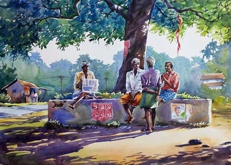 Tamil Village, Watercolor Figures, Watercolor Scenes, Village Scene Drawing, Village Scenery, Watercolor Indian, Village Drawing, Lukisan Lanskap, Memory Drawing