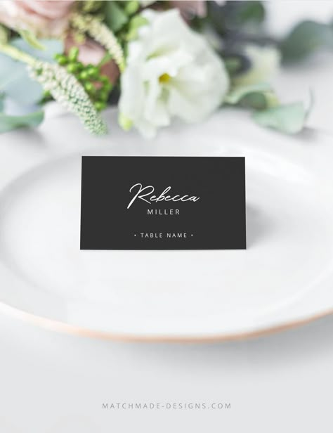 Black Name Tags Wedding, Black Wedding Place Cards, Black Place Cards Wedding, Black And White Wedding Name Cards, Name Tags On Table, Black Name Cards Wedding, Name Card Design Wedding, Black Place Cards, Wedding Table Name Tags